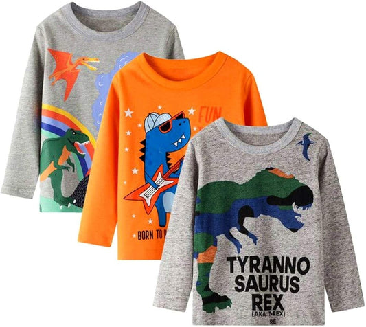Boys Long Sleeve T-Shirt Cotton Casual Winter Crewneck Basic Active Tops Tee Tunic Shirts 3 Packs Sets
