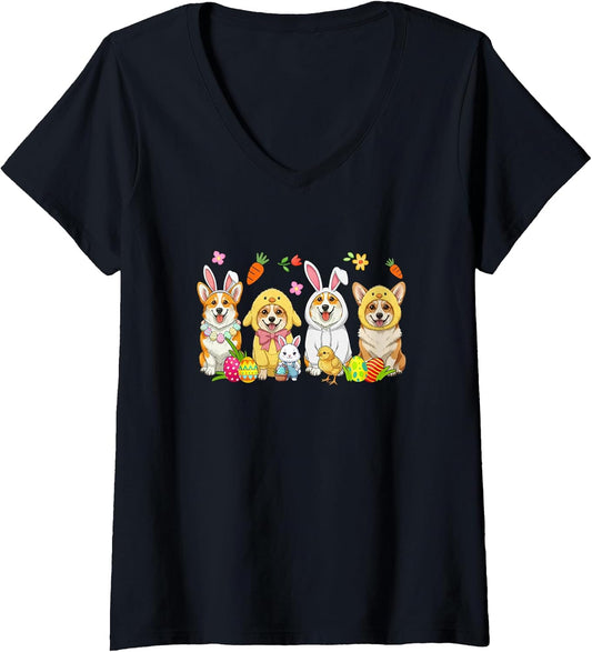 Women's Easter Group Corgis Cosplay Bunny Chick Hunting Eggs V-Neck T-Shirt