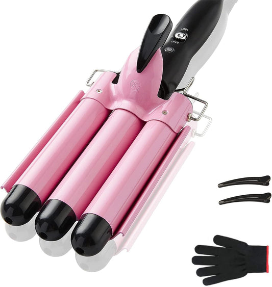 TOP4EVER 3 Barrel Curling Iron, 1 inch Crimper Hair Tool,Crimping Waver for Women Beach Waves with Two Temperature Settings, Pink