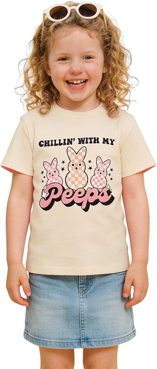 Easter Bunny Shirt Girls Chillin' with My Peeps T-Shirt Toddler Girl Checkerboard Bunny Graphic Tee Tops 18M-12 Year