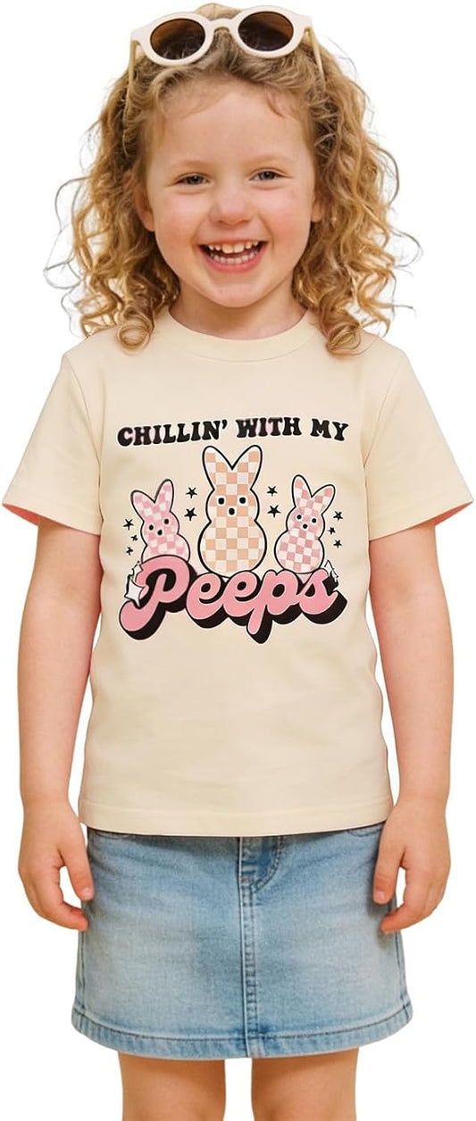 Easter Bunny Shirt Girls Chillin' with My Peeps T-Shirt Toddler Girl Checkerboard Bunny Graphic Tee Tops 18M-12 Year