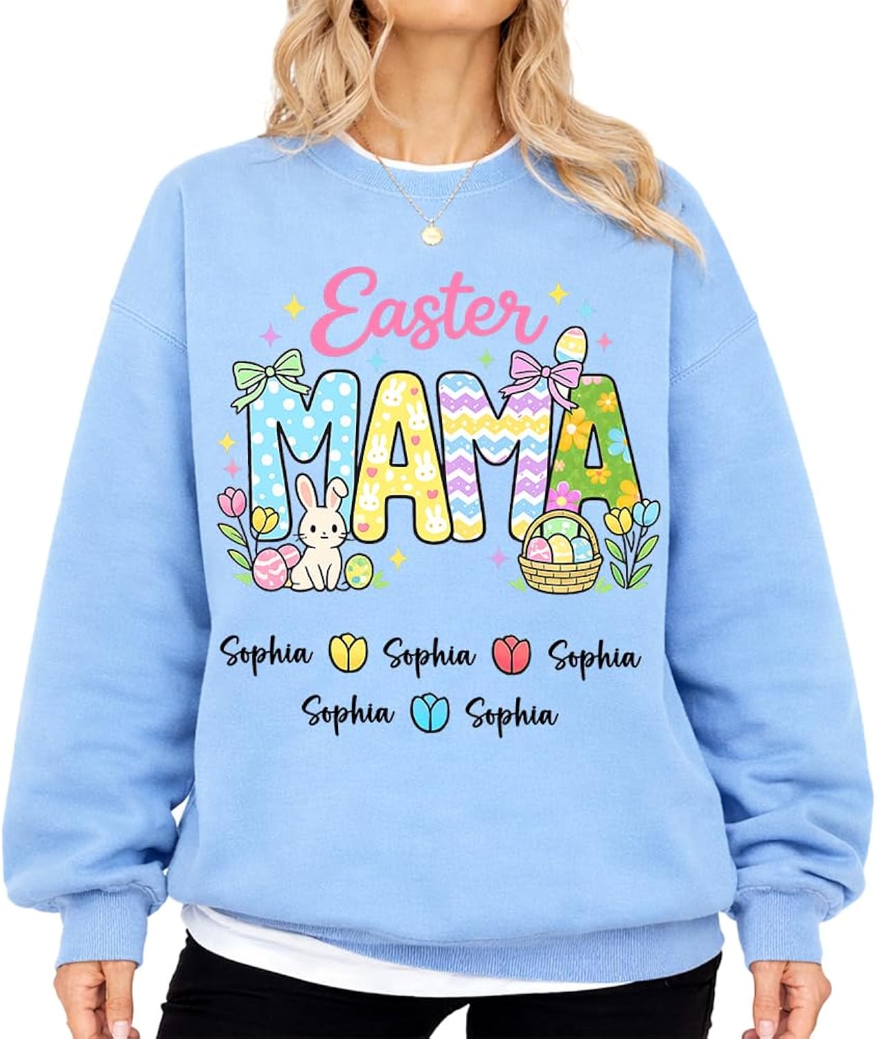 Personalized Easter Mama Sweatshirt Custom Kids Names Bunny Pastel Spring Graphic Pullover for Women Grandma