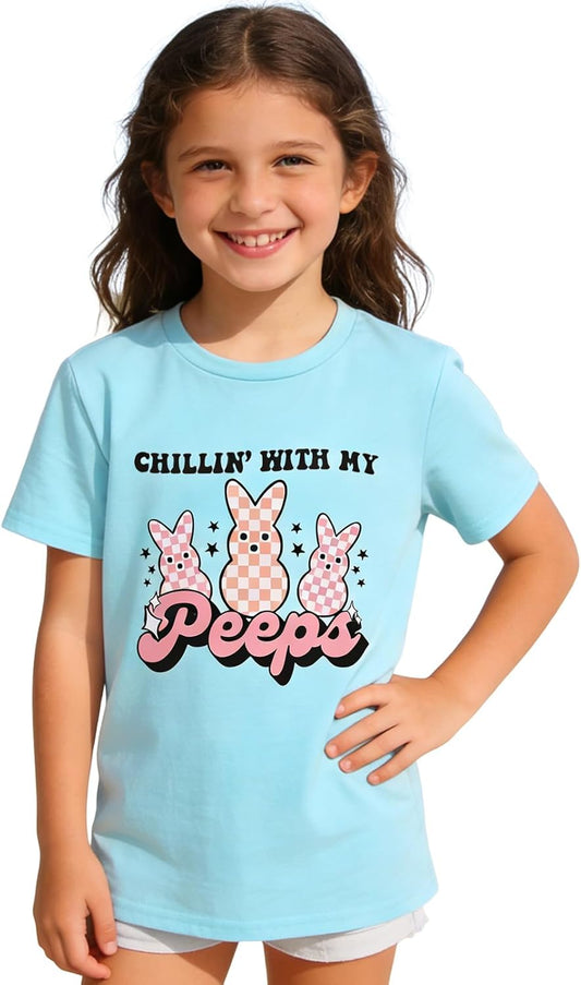 Kid Girl Easter Bunny T-Shirt Chillin' with My Peeps Shirt Short Sleeve Funny Happy Easter Graphic Tees Tops