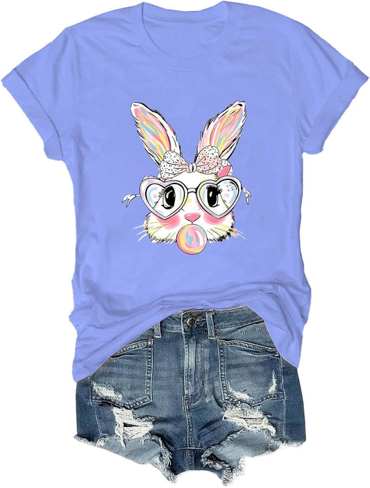 Easter Bunny with Heart Glasses Shirt, Retro Bubblegum Bunny Shirt, Cute Pastel Rabbit T-Shirt for Women