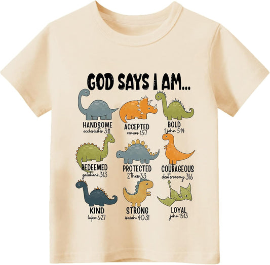 Christian Shirt for Boys God Says I Am Toddler Kids Bible Verse Jesus T-Shirt Dino Trucks Graphic Tops 2-7T