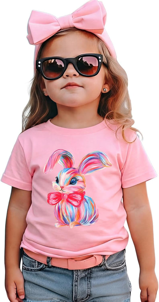 Toddler Girls Easter Shirts Kids Cute Colorful Bunny Graphic T-Shirt Bow Rabbit Happy Easter Short Sleeve Tees Tops