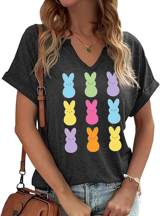 Womens Happy Easter Day V Neck Shirt Funny Bunny Rabbit Eggs Graphic Short Sleeve Tee Spring Casual Christian Tops