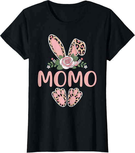 MOMO Cute Leopard Bunny Ears Floral Easter T-Shirt