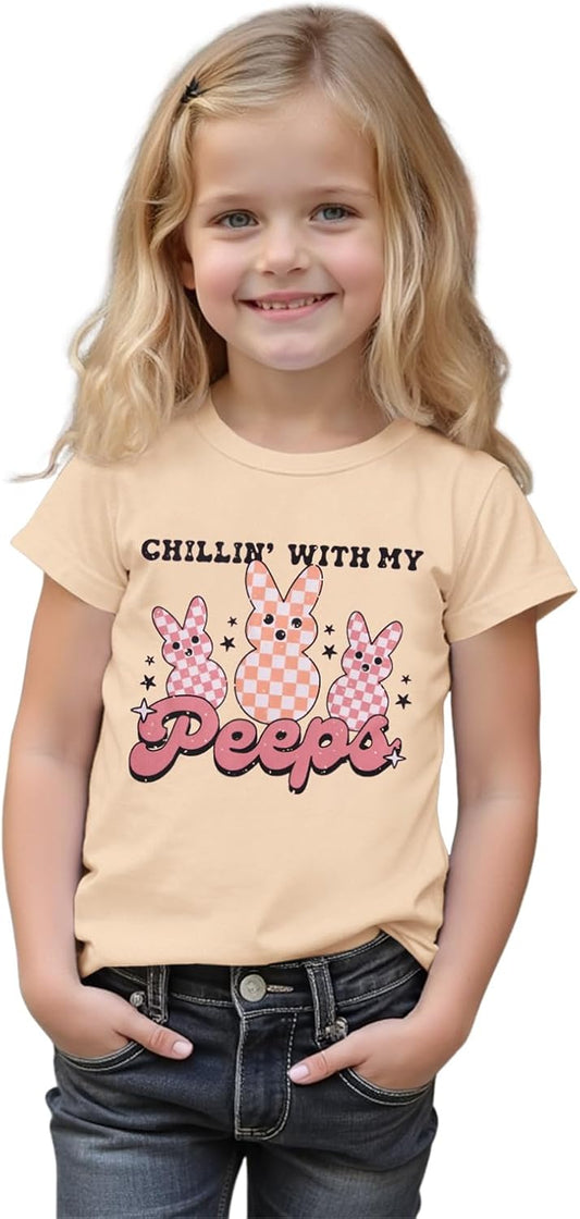 Toddler Baby Girl Easter Shirt Chillin with My Peeps T-Shirt Cute Checkered Bunny Short Sleeve Tee Tops