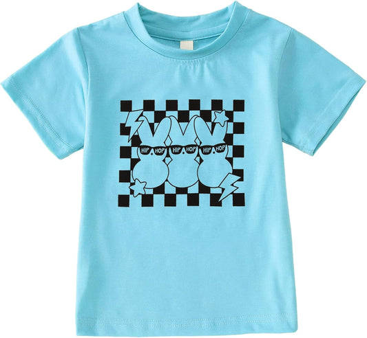 Toddler Boy Easter Shirt Hip Hop Bunny Graphic T-Shirt Sunglasses Rabbit Checkerboard Tees Happy Easter Summer Tops