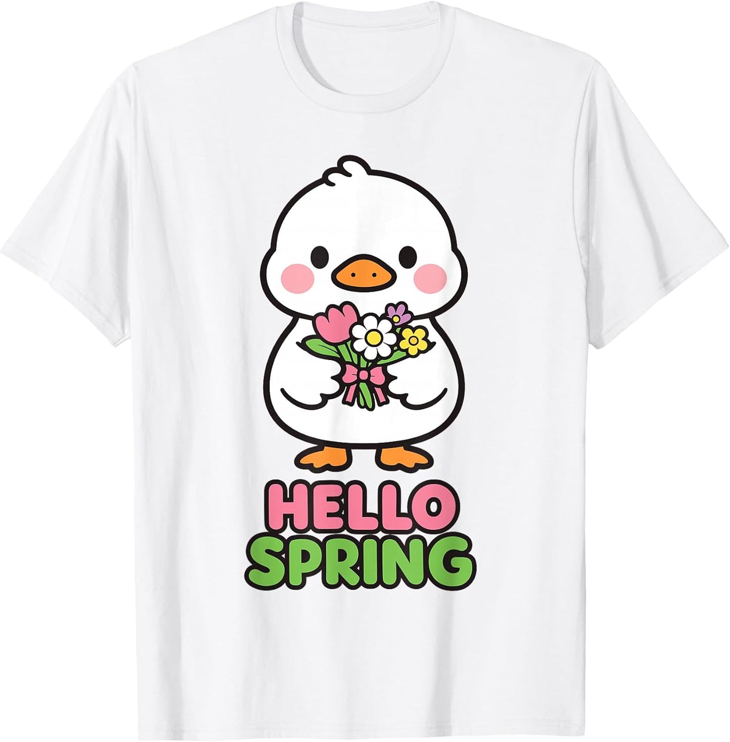 Hello Spring Kawaii Duck Flower Bouquet Cute Pastel Cartoon T-Shirt
