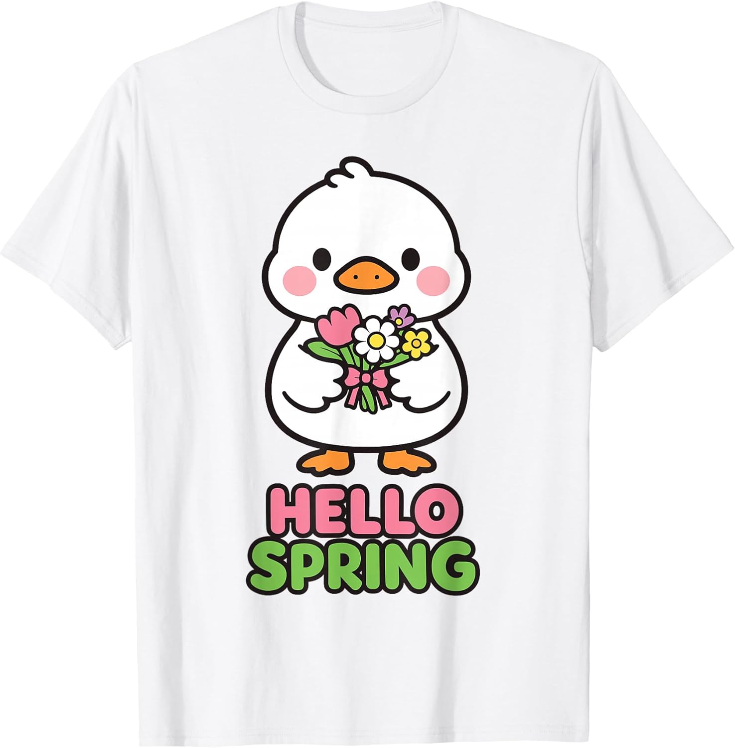 Hello Spring Kawaii Duck Flower Bouquet Cute Pastel Cartoon T-Shirt