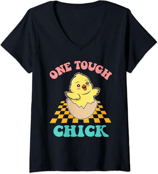 Womens One Tough Chick Retro Easter Bunny Egg Hunting Crew Boho V-Neck T-Shirt
