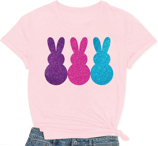 Easter Shirts for Women Happy Easter Bunny T Shirt Sequin Rabbit Print Tee Tops