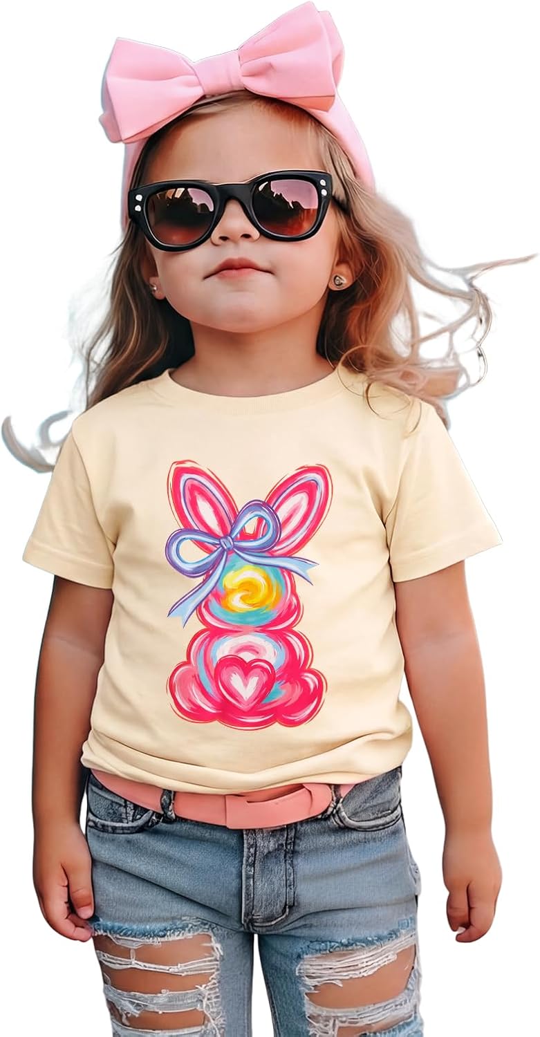 Toddler Girls Easter Bunny Shirt Cute Bow Rabbit Graphic T-Shirt Kids Happy Easter Outfit Casual Short Sleeve Tee Top