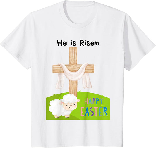 Kids Religious Easter Toddler "He is Risen" Cross and Lamb T-Shirt