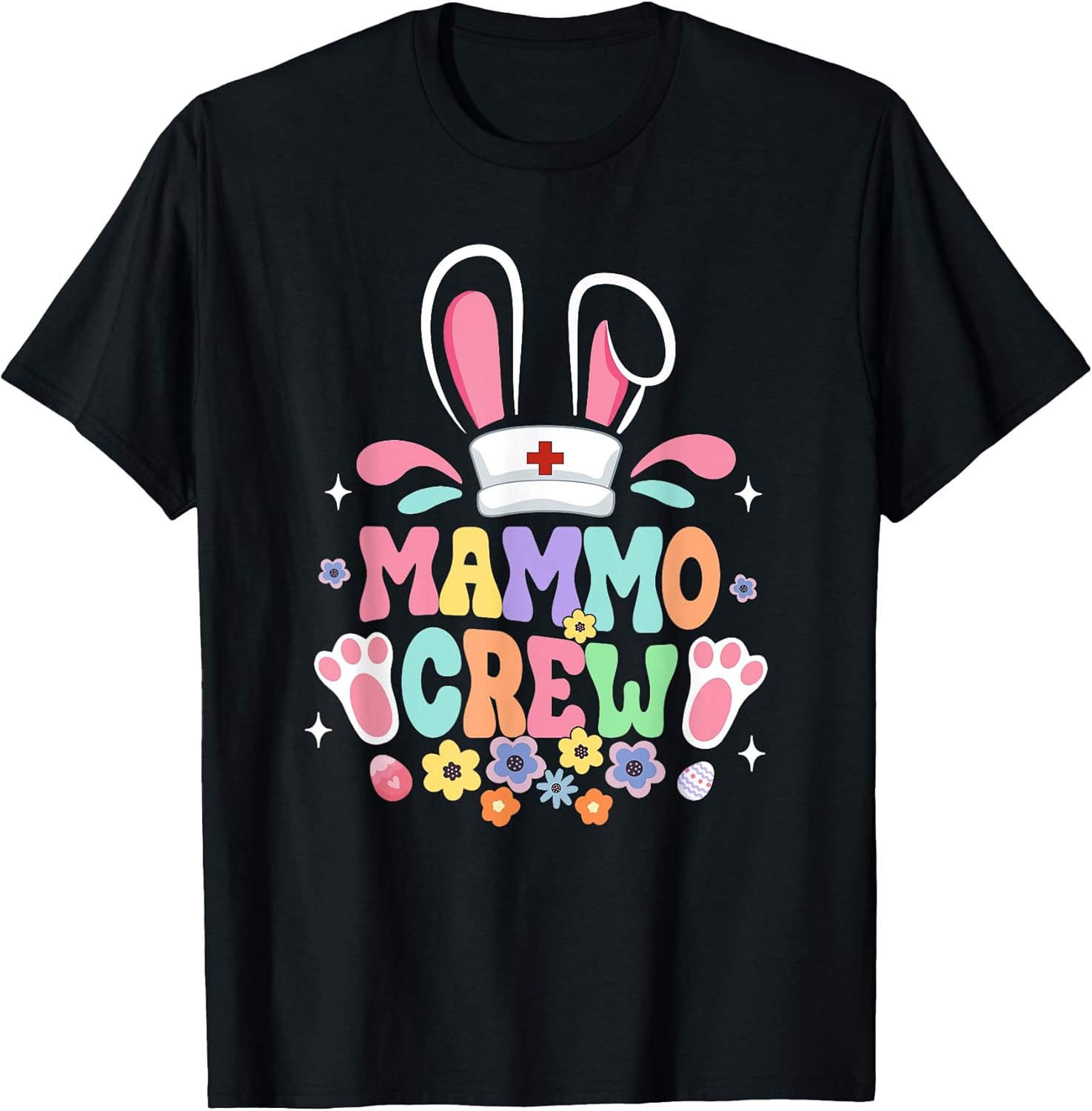Retro Groovy Mammo Crew Mammo Tech Bunny Ear Flower Easter T-Shirt