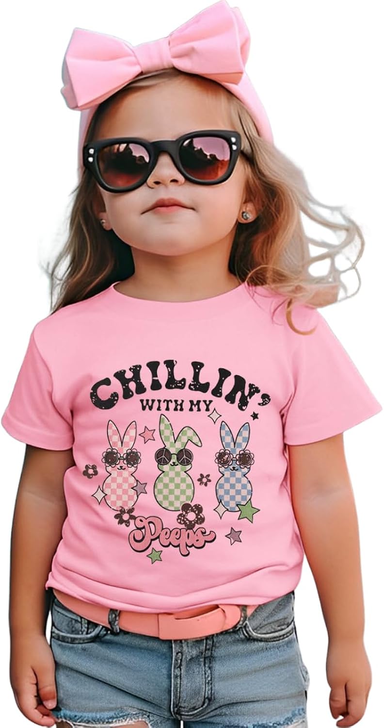 Toddler Baby Girl Easter Shirts Cute Bunny T-Shirt Chillin' with My Peeps Letter Tops Funny Short Sleeve Tees Clothes