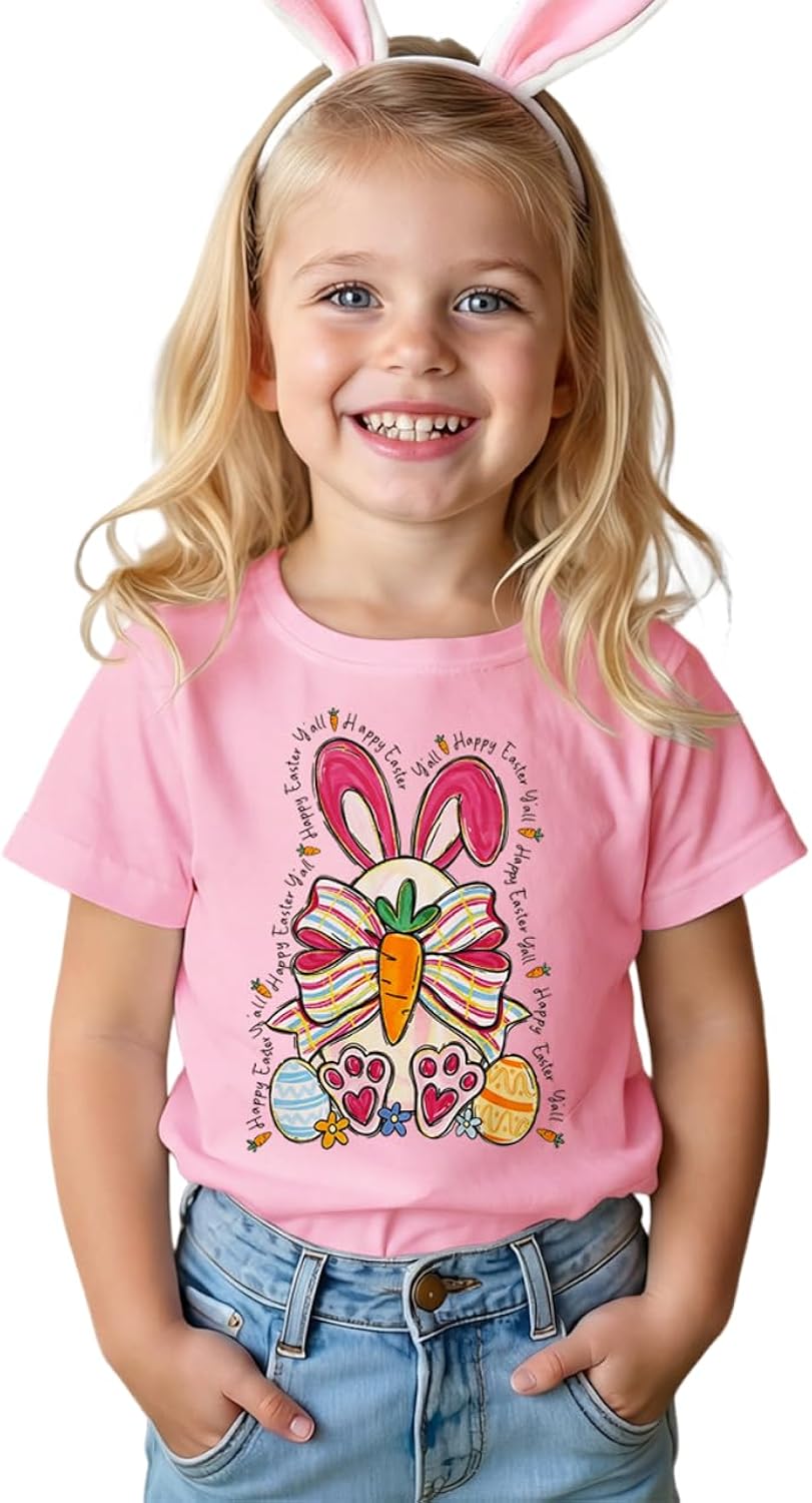 Toddler Baby Girl Happy Easter Shirt Kids Cute Bunny Bow Easter Egg T-Shirt Rabbit Short Sleeve Holiday Tee Tops
