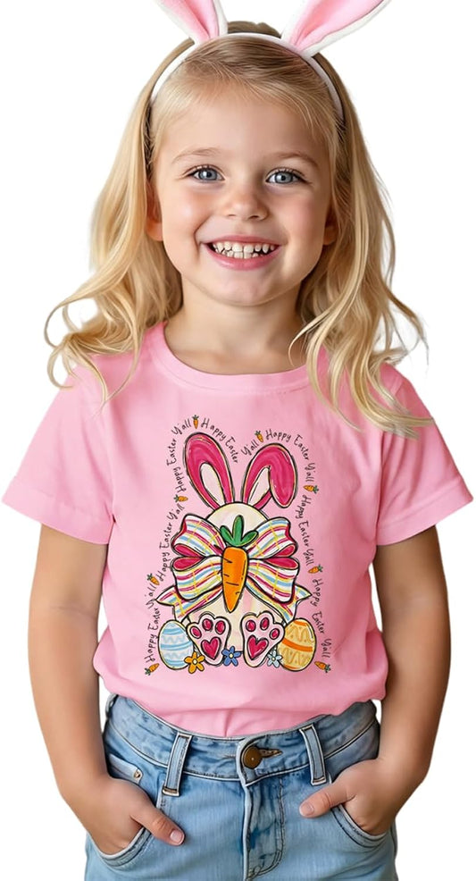 Toddler Baby Girl Happy Easter Shirt Kids Cute Bunny Bow Easter Egg T-Shirt Rabbit Short Sleeve Holiday Tee Tops