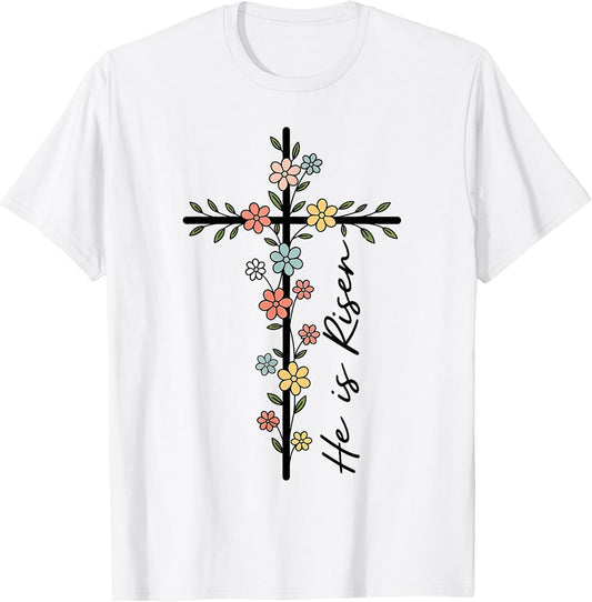 He is Risen Floral Cross Easter Christian T-Shirt