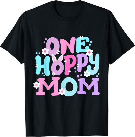 One Hoppy Mom Retro Groovy Easter Bunny Family Matching T-Shirt