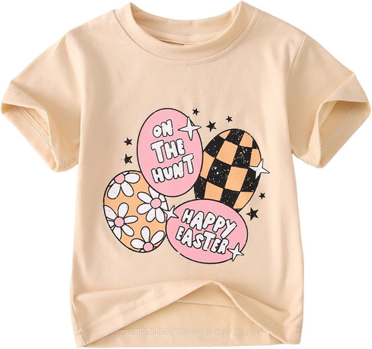 Toddler Easter Shirt for Baby Girls Happy Easter Eggs T-Shirt Short Sleeve Funny Floral Print Graphic Tees Tops