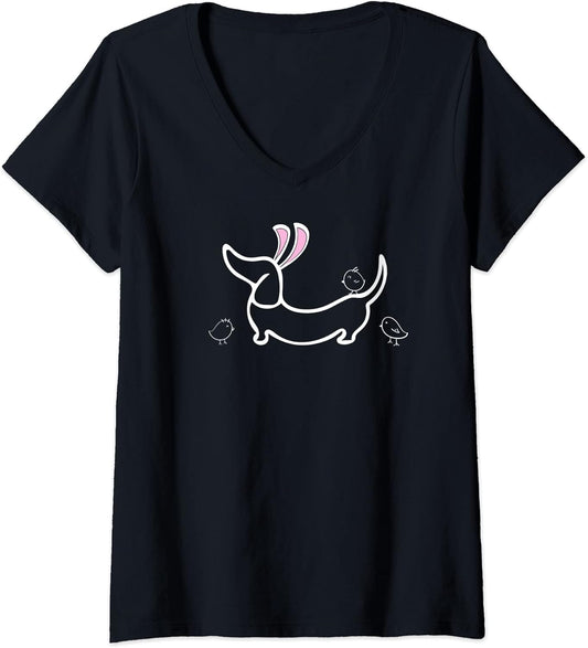 Womens Easter Bunny Ears and Chicks Dachshund V-Neck T-Shirt