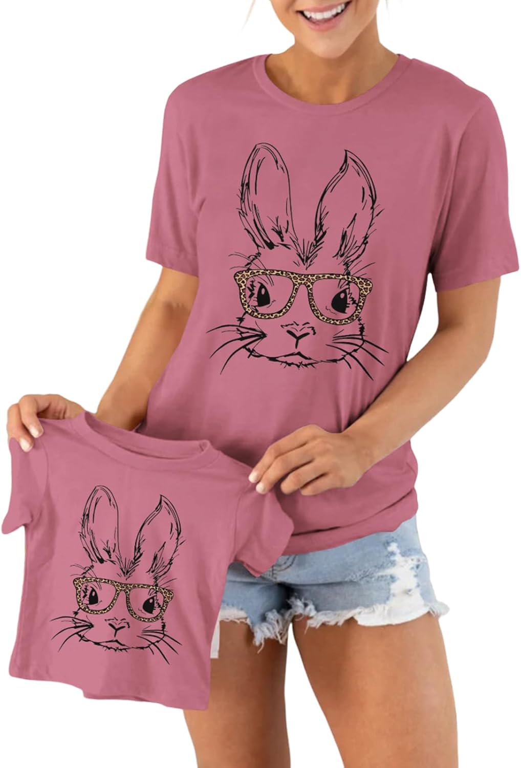 Mommy and Me Easter Shirt Women Toddler Girl Bunny Leopard Glasses Matching Outfit Rabbit Short Sleeve T-Shirt Tops