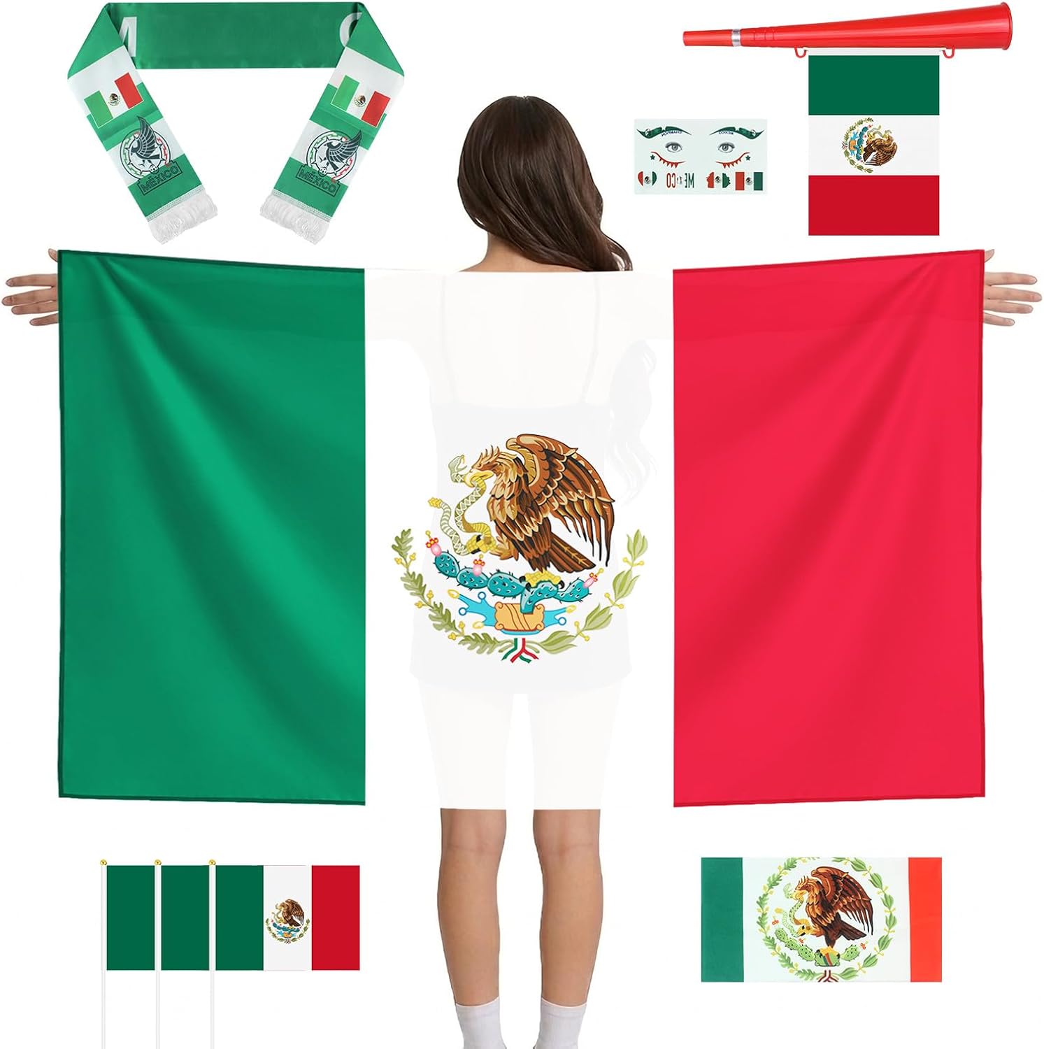 World Cup 2026 Mexican Team 6 in 1 Fan Party Kit | Headband, Whistle, Cloak, Muffler, 3 Flags & Face Stickers | Soccer Party Decorations, Patriotic Game Day Fan Pack