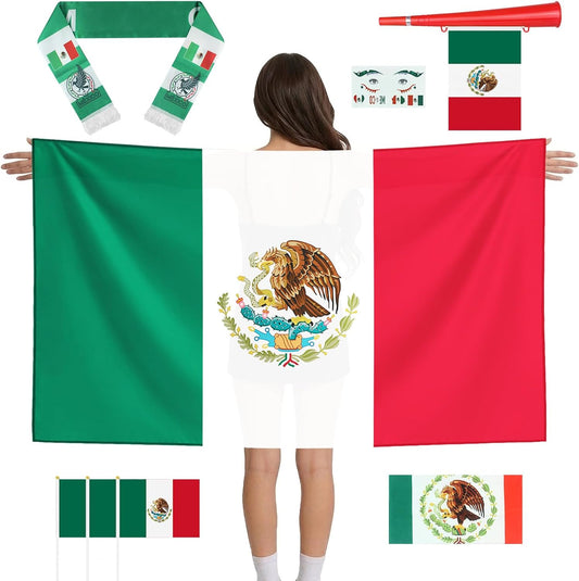 World Cup 2026 Mexican Team 6 in 1 Fan Party Kit | Headband, Whistle, Cloak, Muffler, 3 Flags & Face Stickers | Soccer Party Decorations, Patriotic Game Day Fan Pack