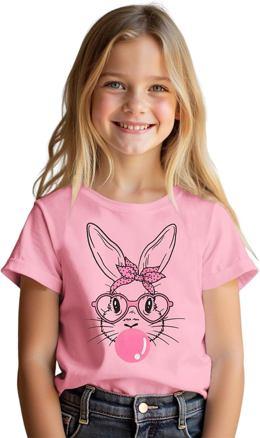 Girl Happy Easter Crewneck Shirt Glasses Bunny Graphic T-Shirt Big Kid Cute Rabbit Print Easter Holiday Pullover Top