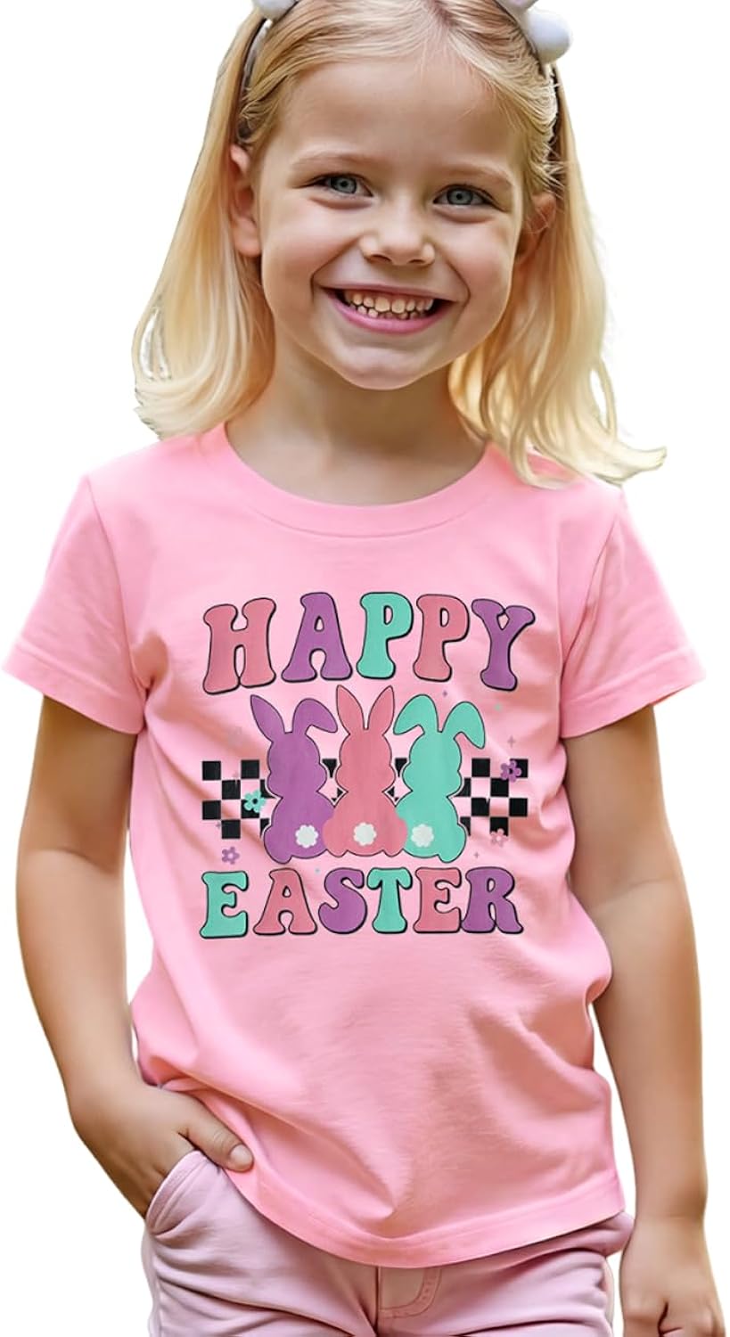 Easter Shirt for Baby Girl Toddler Cute Happy Easter Bunny Graphic T-Shirt Kids Rabbit Short Sleeve Tee Tops