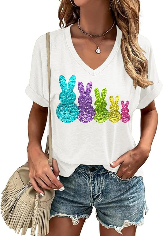 Casual V-Neck Graphic Tees for Women Summer Cute Short Sleeve Holiday Family Match T-Shirt Tops…