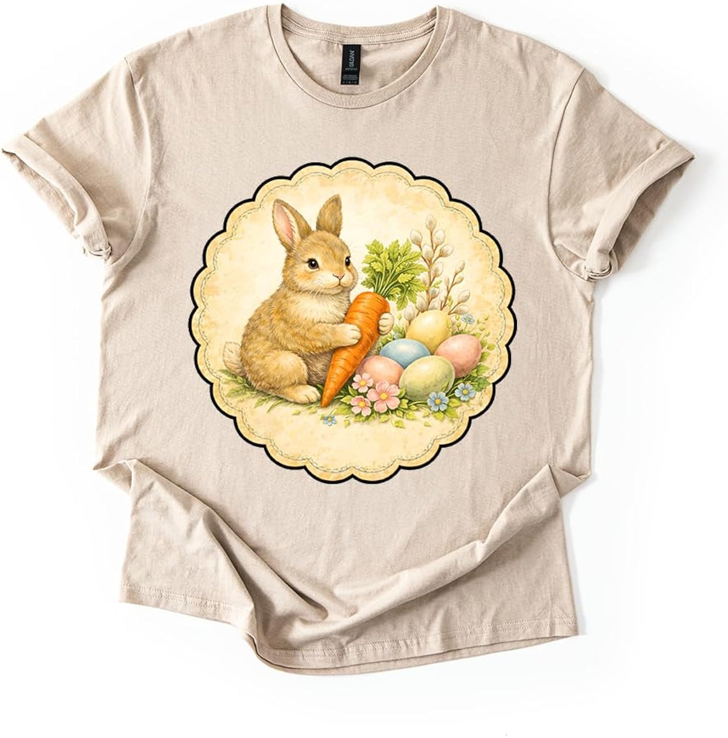 Vintage Easter Bunny Shirt Cute Rabbit with Carrot Pastel Eggs Spring Unisex Tshirt