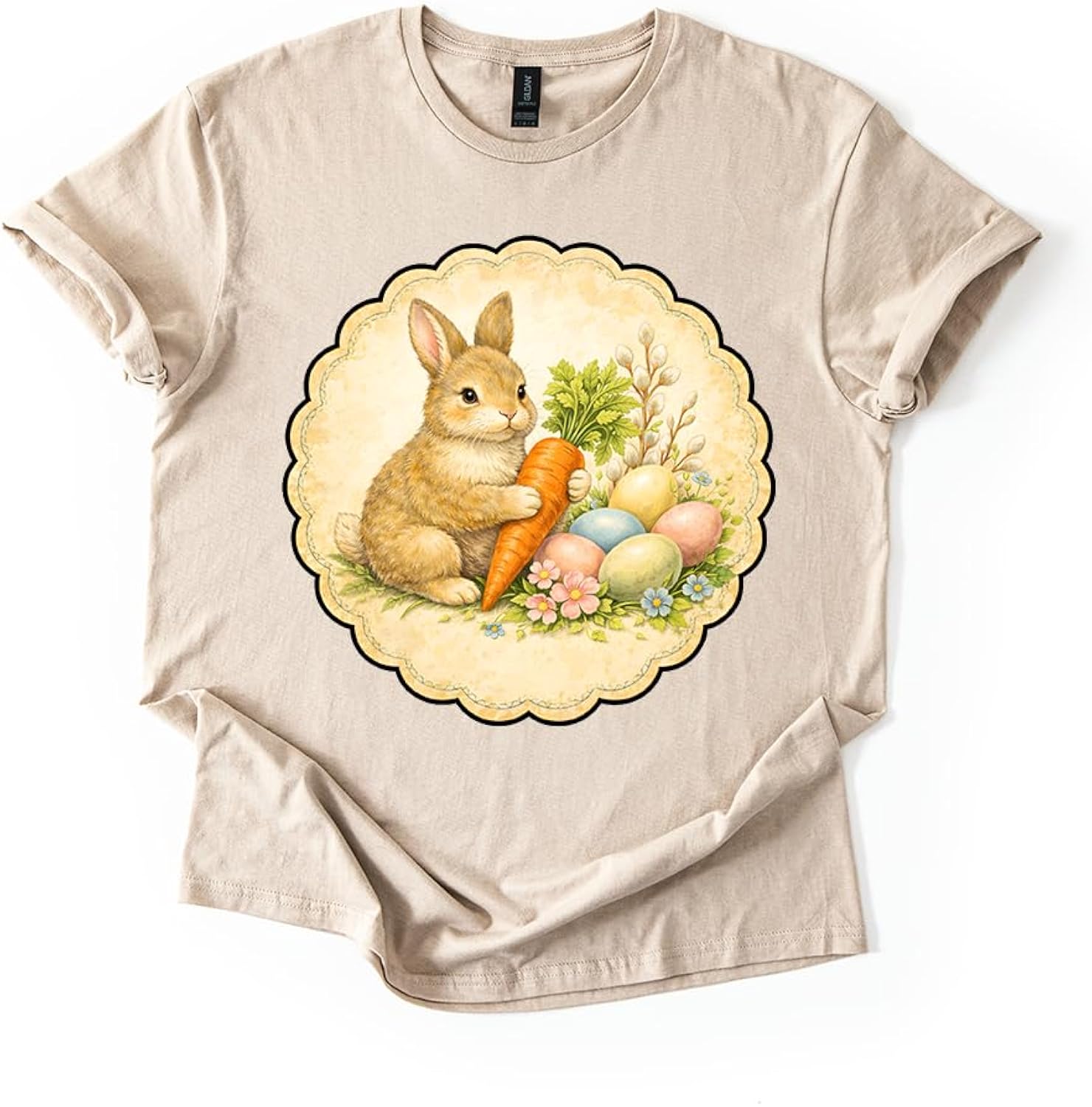 Vintage Easter Bunny Shirt Cute Rabbit with Carrot Pastel Eggs Spring Unisex Tshirt