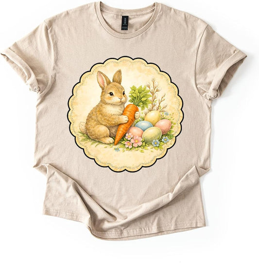 Vintage Easter Bunny Shirt Cute Rabbit with Carrot Pastel Eggs Spring Unisex Tshirt