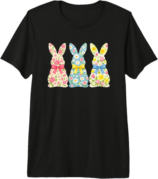 Floral Easter Bunny Trio Pastel Bows Spring Wildflowers Premium Tri-Blend T-Shirt