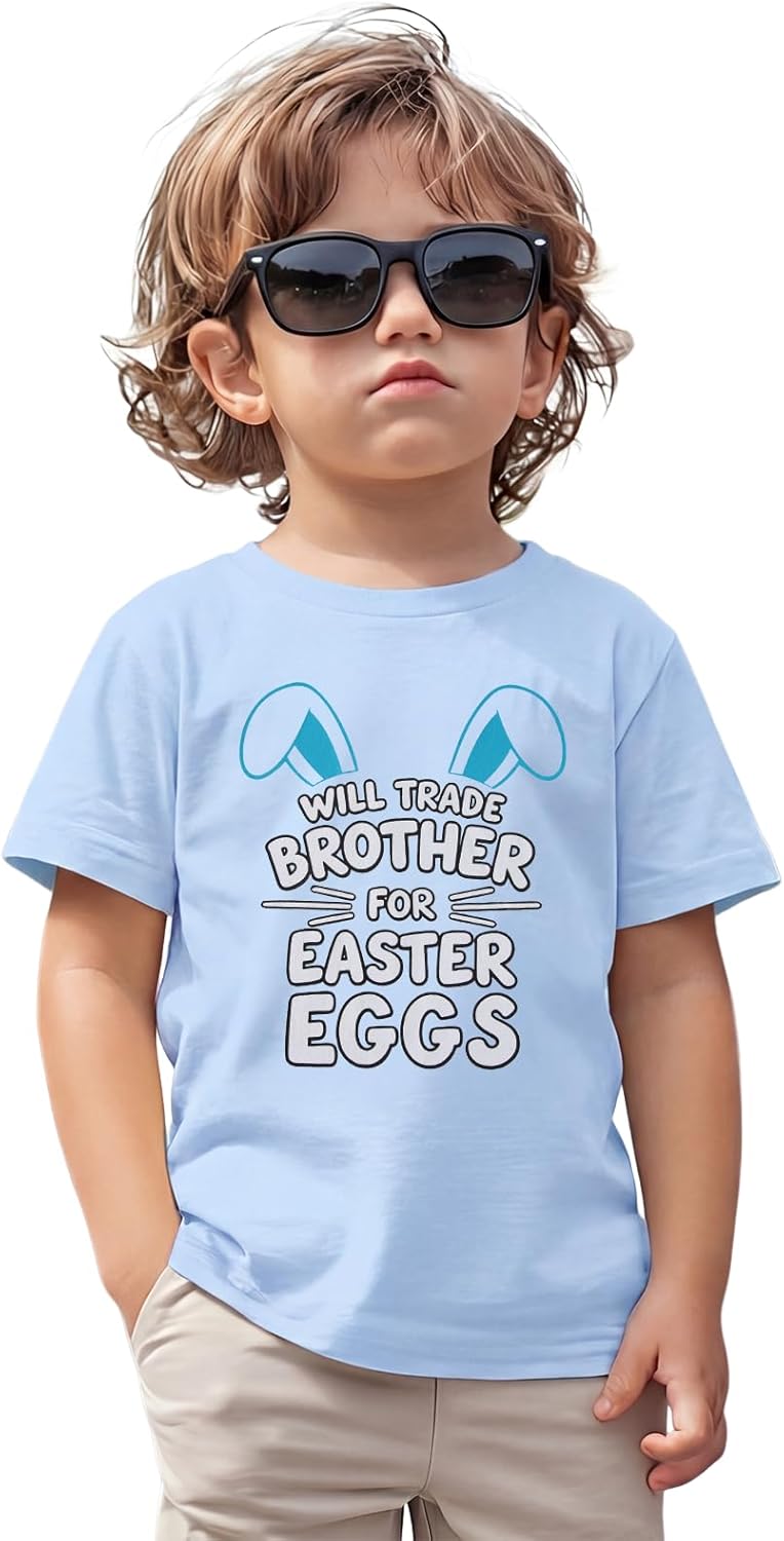 Toddler Boy Easter T-Shirt Will Trade Brother for Easter Eggs Funny Shirt Kid Bunny Rabbit Outfit Short Sleeve Tee Top