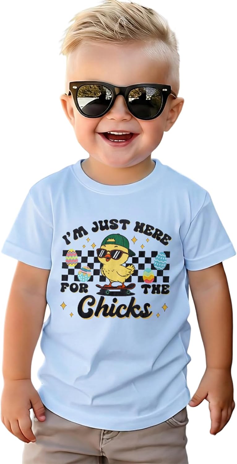 Easter Shirt for Toddler Boy I'm Just Here for The Chicks T-Shirt Funny Kids Easter Egg Graphic Tees Tops 1-8 Years