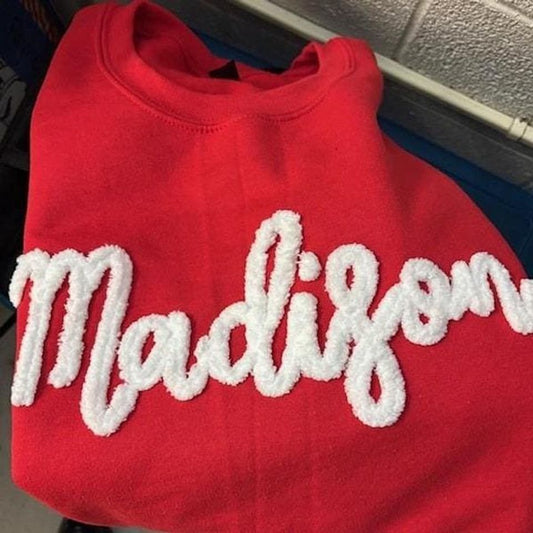 Customized Chenille Yarn Embroidered Sweatshirt with Team Name and Fuzzy Letter Details