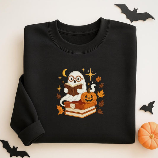 Embroidered Ghost Reading Sweatshirt - Halloween Fall Crewneck