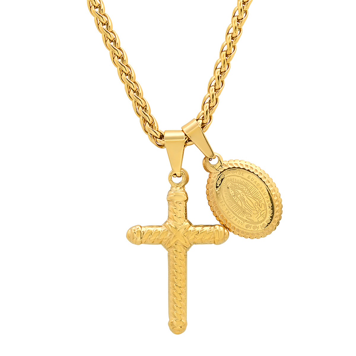 18K Gold Plated Stainless Steel Lady Of Guadalupe And Cross Pendant