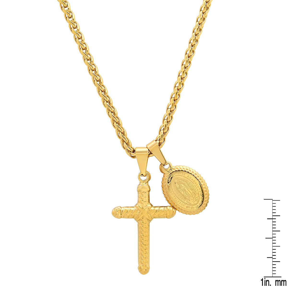 18K Gold Plated Stainless Steel Lady Of Guadalupe And Cross Pendant
