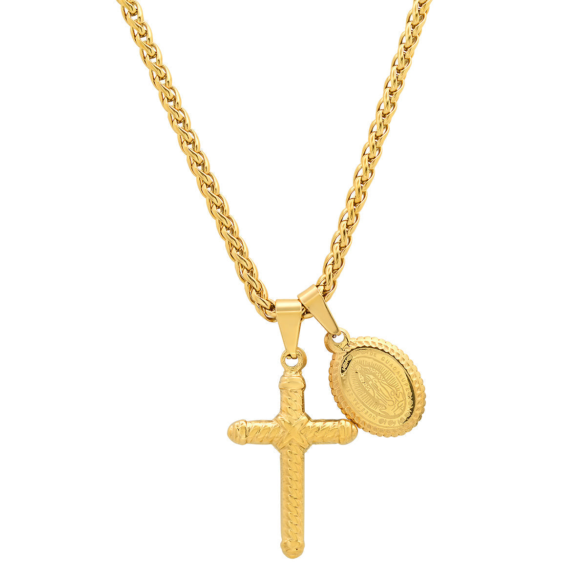 18K Gold Plated Stainless Steel Lady Of Guadalupe And Cross Pendant
