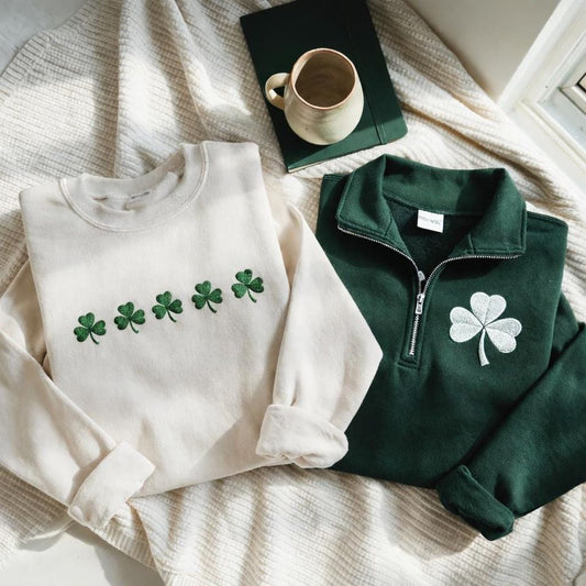 Embroidered Shamrock Quarter Zip/Crewneck Sweatshirt, St. Patrick's Day Pullover
