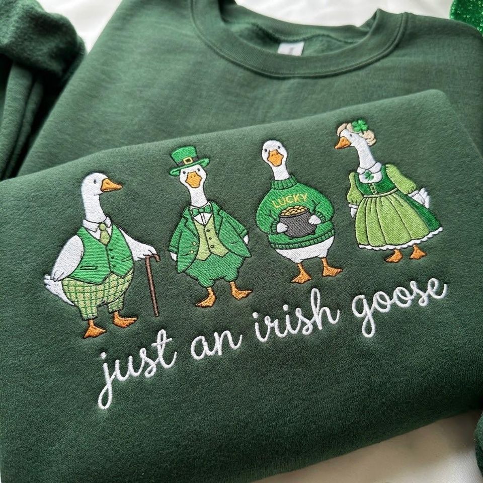 Embroidered St Patrick's Day Goose Sweatshirt, Funny Lucky Animal Shenanigans Tee, Silly Irish Goose Shamrocks Shirt, Irish gift for Her