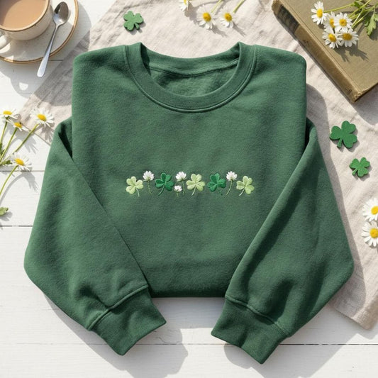 Embroidered Shamrocks Crewneck: St Patrick's Day Irish Sweatshirt, Shamrock Meadow