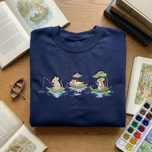 Embroidered Mouse Adventure Sweatshirt, Whimsical Boating Mice Crewneck, Storybook Animal Shirt, River Journey Top, Cute Rodent Gift, Nature