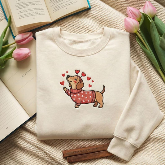 Embroidered Dachshund Valentine's Day Sweatshirt, Dog Valentines Day, Valentine Shirt, Sausage Dogs Shirt, Dog Lovers Gift, Dog Mama Shirt